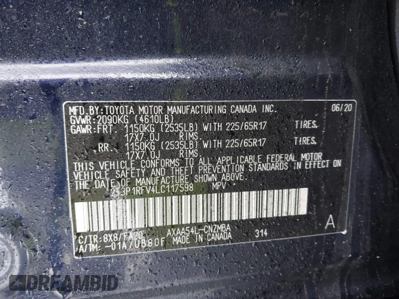 2020 Toyota RAV4 XLE with VIN 2T3P1RFV4LC117598, listed as a IAAI auction lot 41556701 with 38,447 mi miles. Bid and sale history available at carsss.com. Image 9.