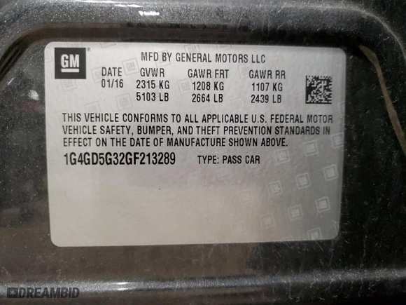 2016 Buick LaCrosse Premium I with VIN 1G4GD5G32GF213289, listed as a Copart auction lot 52168625 with 118,889 mi miles and Non Repairable. Bid and sale history available at carsss.com. Image 14.