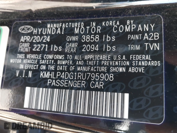 2024 Hyundai Elantra Limited with VIN KMHLP4DG1RU795908, listed as a IAAI auction lot 42191560 with 21,825 mi miles and . Bid and sale history available at DreamBid. Image 9.