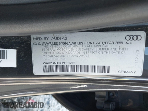 2013 Audi A7 Prestige with VIN WAU2GAFC8DN121215, listed as a IAAI auction lot 42246162 with 123,283 mi miles and . Bid and sale history available at DreamBid. Image 9.