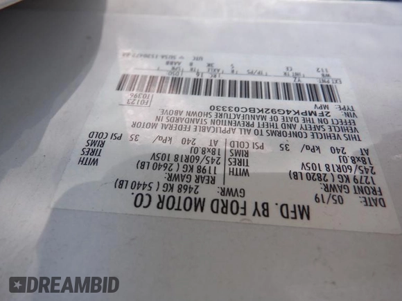 2019 Ford Edge SE with VIN 2FMPK4G92KBC03330, listed as a IAAI auction lot 42695503 with 67,069 mi miles and . Bid and sale history available at DreamBid. Image 14.