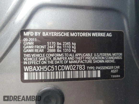 2012 BMW 5 Series 528i xDrive with VIN WBAXH5C51CDW02783, listed as a Copart auction lot 53028215 with 95,006 mi miles and Clean Title. Bid and sale history available at carsss.com. Image 12.