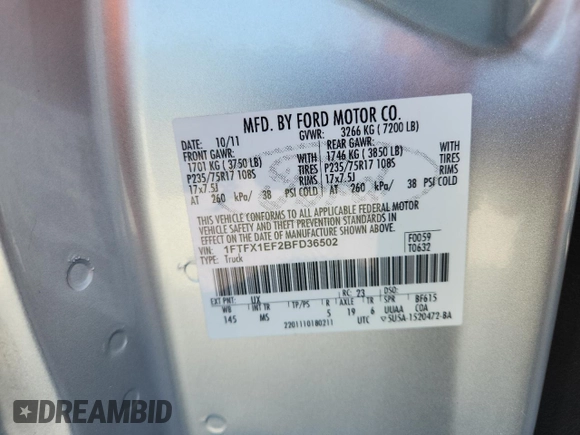 2011 Ford F-150 XL with VIN 1FTFX1EF2BFD36502, listed as a Copart auction lot 60260345 with 174,390 mi miles and Salvage title. Bid and sale history available at DreamBid. Image 12.