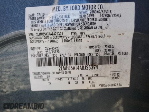 2010 Lincoln MKT EcoBoost with VIN 2LMHJ5AT4ABJ25394, listed as a Copart auction lot 44058235 with 112,901 mi miles and Salvage Title. Bid and sale history available at DreamBid. Image 13.