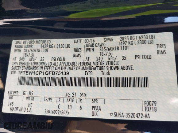 2016 Ford F-150 XL with VIN 1FTEW1CP1GFB75139, listed as a IAAI auction lot 41889594 with 157,059 mi miles and . Bid and sale history available at DreamBid. Image 9.