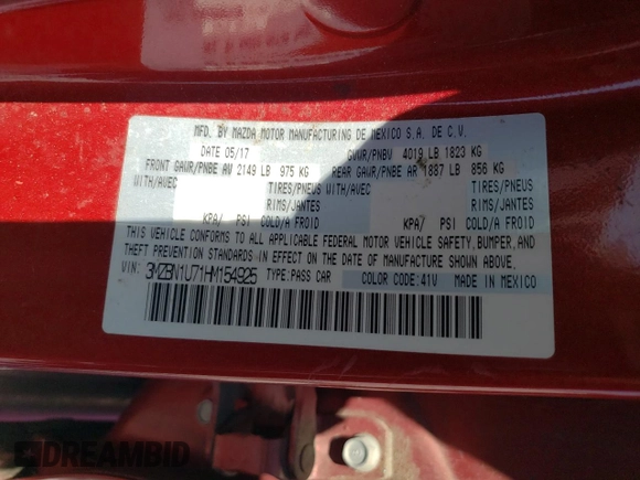 2017 Mazda 3 Sport with VIN 3MZBN1U71HM154925, listed as a Copart auction lot 53653295 with Not Provided miles and Salvage Title. Bid and sale history available at DreamBid. Image 12.
