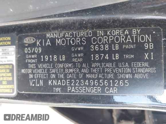 2009 Kia Rio LX with VIN KNADE223496561265, listed as a IAAI auction lot 42143889 with 235,634 mi miles and . Bid and sale history available at DreamBid. Image 9.