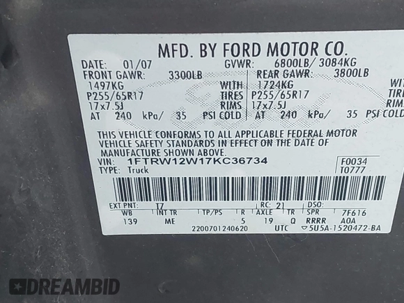 2007 Ford F-150 XLT with VIN 1FTRW12W17KC36734, listed as a IAAI auction lot 42867908 with 237,688 mi miles and . Bid and sale history available at DreamBid. Image 9.