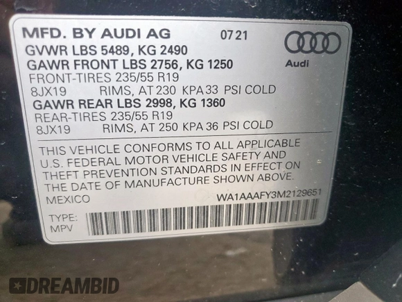 2021 Audi Q5 Premium with VIN WA1AAAFY3M2129651, listed as a Copart auction lot 58509405 with 23,567 mi miles and Clean title. Bid and sale history available at DreamBid. Image 13.