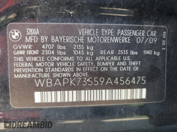 2009 BMW 3 Series 328i xDrive with VIN WBAPK73559A456475, listed as a Copart auction lot 62363865 with 169,125 mi miles and Salvage title. Bid and sale history available at DreamBid. Image 12.