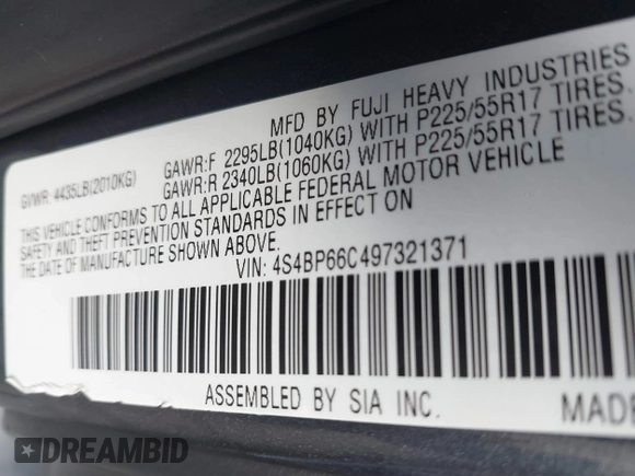 2009 Subaru Outback Ltd with VIN 4S4BP66C497321371, listed as a IAAI auction lot 42150110 with 150,459 mi miles. Bid and sale history available at carsss.com. Image 9.