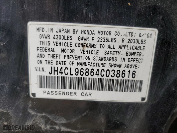 2004 Acura TSX with VIN JH4CL96864C038616, listed as a Copart auction lot 42002434 with 168,617 mi miles and Salvage Title. Bid and sale history available at carsss.com. Image 13.