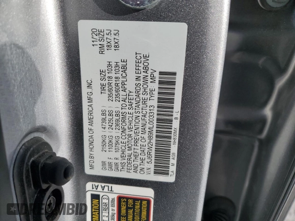 2021 Honda CR-V EX-L with VIN 5J6RW2H89ML003313, listed as a Copart auction lot 89165525 with 0 mi miles and Salvage Title. Bid and sale history available at carsss.com. Image 16.