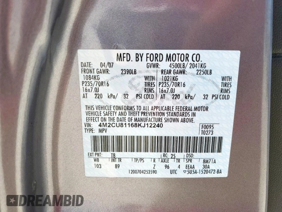 2008 Mercury Mariner с VIN 4M2CU81168KJ12240, выставлен на аукционе Copart как лот 57381845 с пробегом 184 119 миль миль и Списание • Salvage title. История ставок и продаж доступна на DreamBid. Изображение 13.