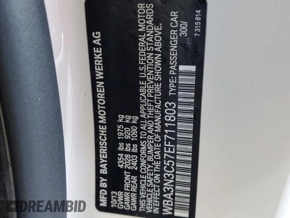 2014 BMW 4 Series 428i with VIN WBA3N3C57EF711803, listed as a Copart auction lot 57856695 with 68,905 mi miles and Salvage title. Bid and sale history available at DreamBid. Image 12.