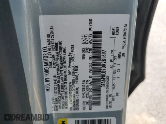 2013 Ford Fusion SE Hybrid with VIN 3FA6P0LU9DR281697, listed as a Copart auction lot 58583675 with 136,121 mi miles and Salvage title. Bid and sale history available at DreamBid. Image 12.