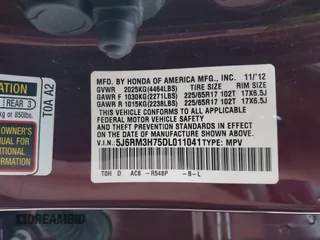 2013 Honda CR-V EX-L with VIN 5J6RM3H75DL011041, listed as a IAAI auction lot 40466669 with 87,594 mi miles and . Bid and sale history available at DreamBid. Image 9.