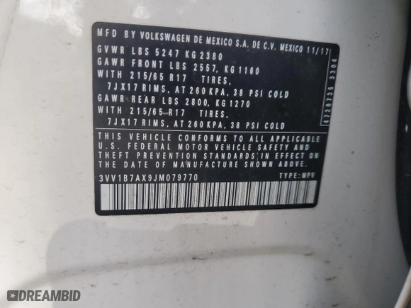 2018 Volkswagen Tiguan S with VIN 3VV1B7AX9JM079770, listed as a Copart auction lot 78987014 with 0 mi miles and Salvage Title. Bid and sale history available at carsss.com. Image 14.