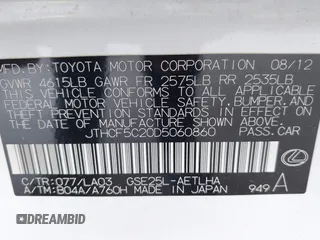 2013 Lexus IS 250 with VIN JTHCF5C20D5060860, listed as a IAAI auction lot 42408760 with Not provided miles and . Bid and sale history available at DreamBid. Image 9.