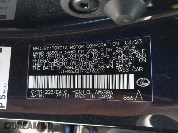 2024 Lexus UX with VIN JTHX6JBH7R2162231, listed as a IAAI auction lot 41665179 with 21,913 mi miles. Bid and sale history available at carsss.com. Image 9.