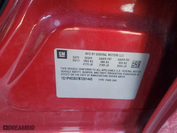 2011 Chevrolet Cruze LTZ with VIN 1G1PH5S97B7281443, listed as a Copart auction lot 41871975 with 104,831 mi miles and Salvage Title. Bid and sale history available at carsss.com. Image 14.