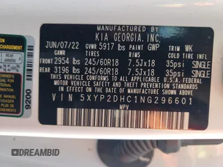 2022 Kia Telluride LX with VIN 5XYP2DHC1NG296601, listed as a Copart auction lot 54823115 with 76,882 mi miles and Non repairable. Bid and sale history available at DreamBid. Image 14.