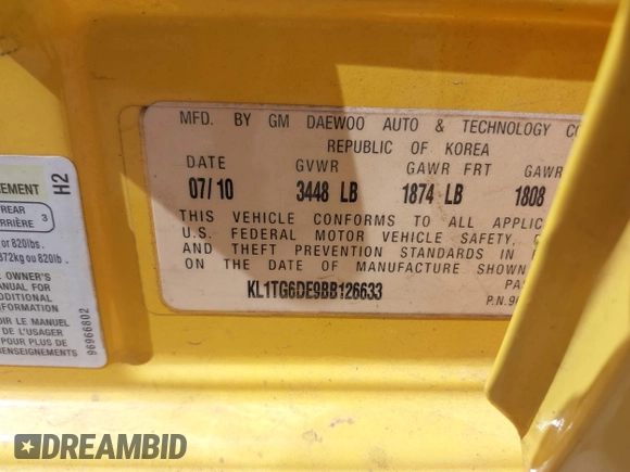 2011 Chevrolet Aveo 2LT with VIN KL1TG6DE9BB126633, listed as a IAAI auction lot 41944289 with Not provided miles and . Bid and sale history available at DreamBid. Image 9.