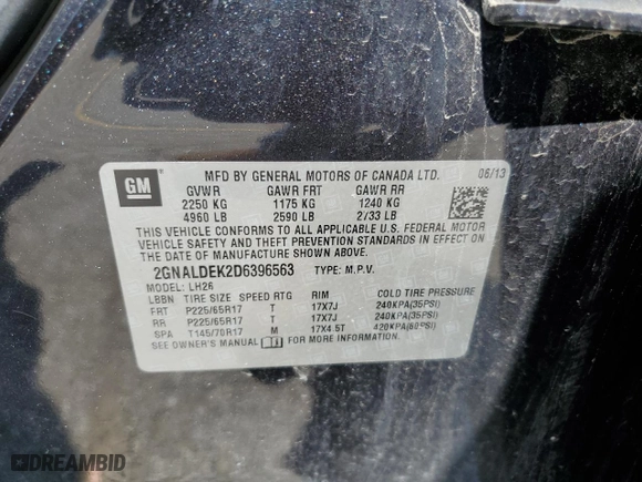 2013 Chevrolet Equinox LT with VIN 2GNALDEK2D6396563, listed as a Copart auction lot 51475925 with 203,647 mi miles and Clean Title. Bid and sale history available at carsss.com. Image 13.