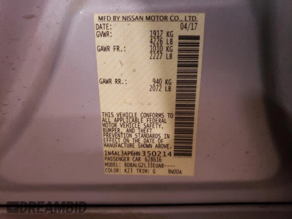 2017 Nissan Altima S with VIN 1N4AL3AP6HN350214, listed as a Copart auction lot 62108535 with 174,680 mi miles and Salvage title. Bid and sale history available at DreamBid. Image 13.