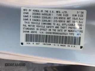 2006 Honda CR-V LX z VIN SHSRD78596U445523, wystawiony jako IAAI lot #42212230 z przebiegiem 141 228 mil mil oraz . Historia ofert i sprzedaży dostępna na DreamBid. Obrazek 9.