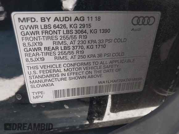 2019 Audi Q7 Premium Plus with VIN WA1LHAF70KD018858, listed as a IAAI auction lot 42290924 with 118,885 mi miles and . Bid and sale history available at DreamBid. Image 9.