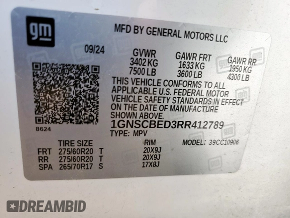 2024 Chevrolet Suburban z VIN 1GNSCBED3RR412789, wystawiony jako Copart lot #59297455 z przebiegiem 7 655 mil mil oraz Szkoda całkowita • Salvage title. Historia ofert i sprzedaży dostępna na DreamBid. Obrazek 14.