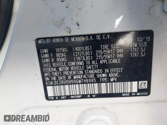 2016 Honda HR-V EX with VIN 3CZRU5H55GM748995, listed as a IAAI auction lot 41382522 with 119,202 mi miles. Bid and sale history available at carsss.com. Image 9.