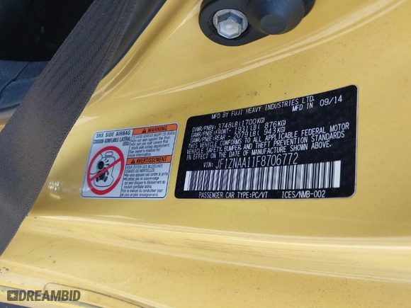2015 Scion FR-S with VIN JF1ZNAA11F8706772, listed as a IAAI auction lot 39686329 with 21,298 mi miles. Bid and sale history available at carsss.com. Image 9.