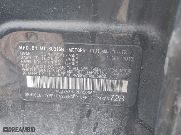 2014 Mitsubishi Mirage DE with VIN ML32A3HJ2EH009671, listed as a IAAI auction lot 41765481 with 126360 miles. Bid and sale history available at carsss.com. Image 9.