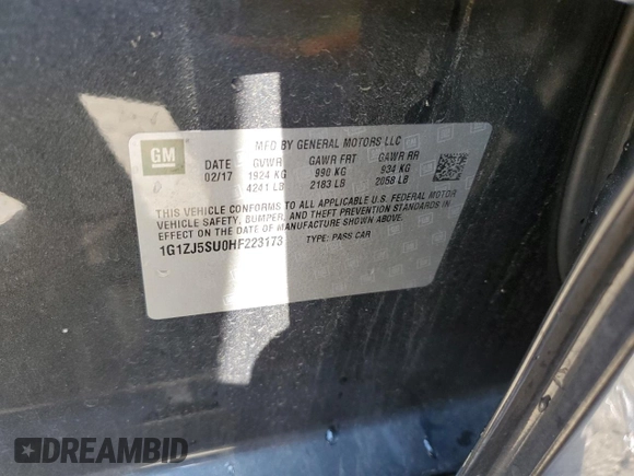 2017 Chevrolet Malibu Hybrid with VIN 1G1ZJ5SU0HF223173, listed as a Copart auction lot 50183205 with 95,309 mi miles and Salvage Title. Bid and sale history available at DreamBid. Image 14.