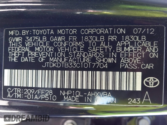 2012 Toyota Prius One z VIN JTDKDTB33C1017704, wystawiony jako IAAI lot #42227623 z przebiegiem 116 058 mil mil oraz . Historia ofert i sprzedaży dostępna na DreamBid. Obrazek 9.