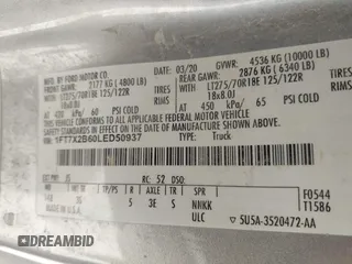 2020 Ford F-250 XL with VIN 1FT7X2B60LED50937, listed as a IAAI auction lot 42186848 with 120,953 mi miles and . Bid and sale history available at DreamBid. Image 8.