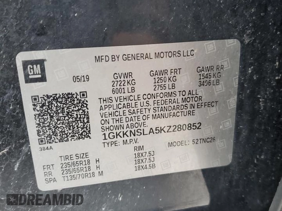 2019 GMC Acadia SLE with VIN 1GKKNSLA5KZ280852, listed as a Copart auction lot 44941065 with 107,208 mi miles and Clean Title. Bid and sale history available at DreamBid. Image 14.