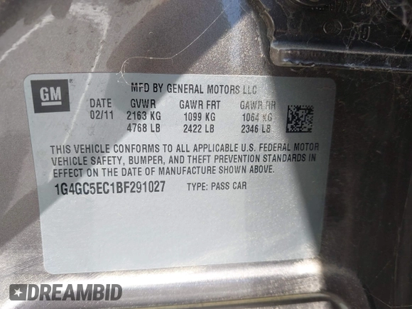 2011 Buick LaCrosse CXL with VIN 1G4GC5EC1BF291027, listed as a IAAI auction lot 41893702 with 203,880 mi miles and . Bid and sale history available at DreamBid. Image 9.