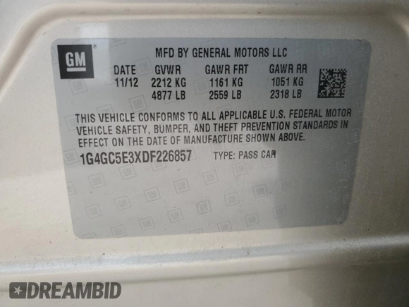 2013 Buick LaCrosse Leather с VIN 1G4GC5E3XDF226857, выставлен на аукционе Copart как лот 53968375 с пробегом 182 146 миль миль и Списание • Salvage title. История ставок и продаж доступна на DreamBid. Изображение 12.