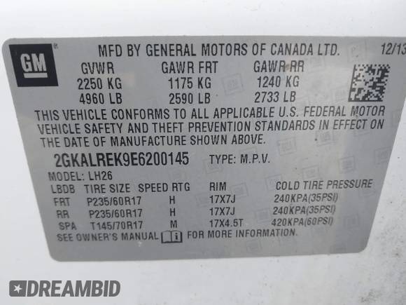 2014 GMC Terrain SLE z VIN 2GKALREK9E6200145, wystawiony jako IAAI lot #41864045 z przebiegiem 176 148 mil mil oraz . Historia ofert i sprzedaży dostępna na DreamBid. Obrazek 9.