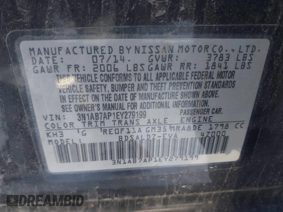 2014 Nissan Sentra S with VIN 3N1AB7AP1EY279199, listed as a IAAI auction lot 41414655 with 137,597 mi miles and . Bid and sale history available at DreamBid. Image 9.