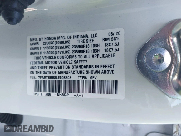 2020 Honda CR-V EX with VIN 7FART6H58LE008603, listed as a IAAI auction lot 41632029 with 33,467 mi miles and . Bid and sale history available at DreamBid. Image 9.
