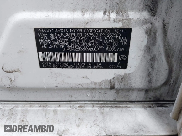 2012 Lexus IS 250 with VIN JTHCF5C24C5053845, listed as a IAAI auction lot 41738342 with 137,249 mi miles and . Bid and sale history available at DreamBid. Image 9.