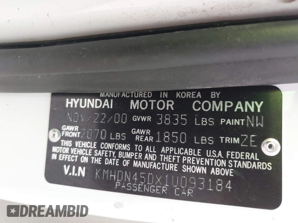 2001 Hyundai Elantra GLS with VIN KMHDN45DX1U093184, listed as a IAAI auction lot 42209309 with 84,785 mi miles and . Bid and sale history available at DreamBid. Image 9.