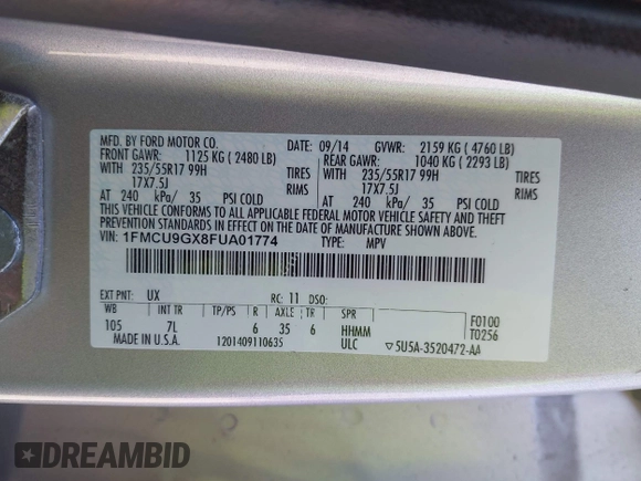2015 Ford Escape SE with VIN 1FMCU9GX8FUA01774, listed as a IAAI auction lot 42105808 with 119,847 mi miles. Bid and sale history available at carsss.com. Image 9.