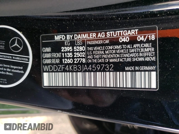 2018 Mercedes-Benz E-Class E 300 with VIN WDDZF4KB3JA459732, listed as a Copart auction lot 60569182 with 0 mi miles. Bid and sale history available at carsss.com. Image 10.
