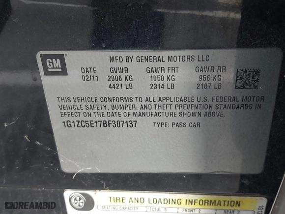 2011 Chevrolet Malibu LT w/1LT with VIN 1G1ZC5E17BF307137, listed as a IAAI auction lot 40582729 with 141,195 mi miles. Bid and sale history available at carsss.com. Image 9.