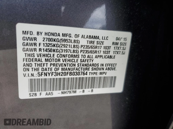 2015 Honda Pilot LX with VIN 5FNYF3H20FB030764, listed as a Copart auction lot 51082275 with 95,797 mi miles and Salvage Title. Bid and sale history available at carsss.com. Image 15.